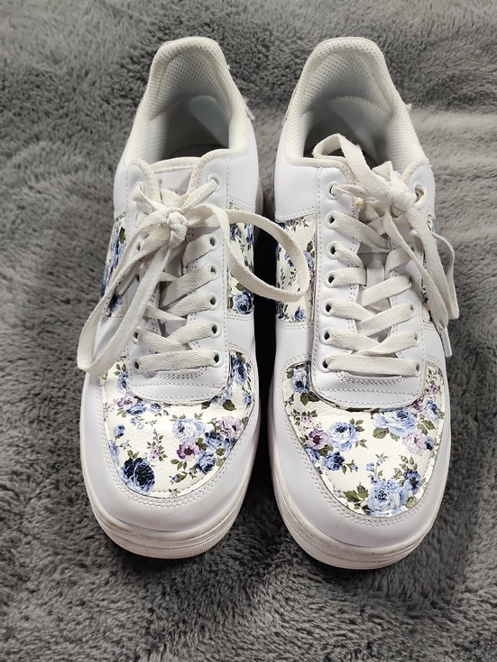drip Shoes - White Floral Lace-Up Women’s Sneakers with Blue Accents